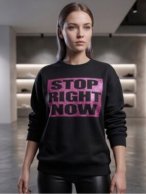 Ice Black Crewneck Sweater with Pink 'STOP RIGHT NOW' Graphic